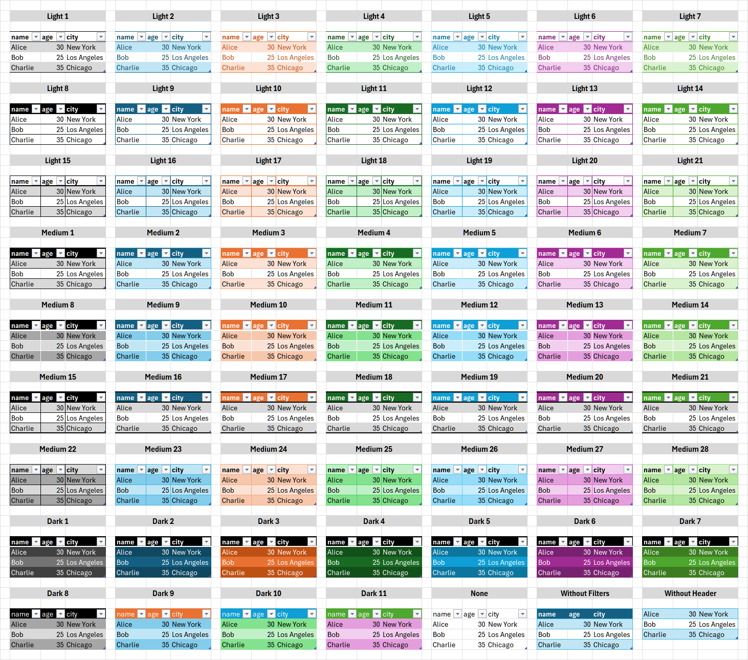 Excel Table Styles Reference